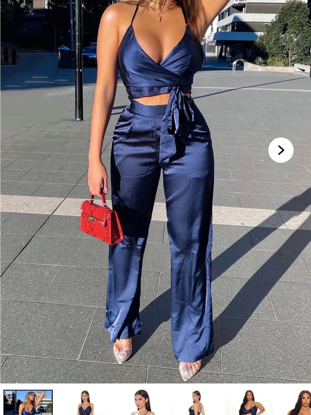 Fashion Nova Navy Satin High-Waist Wide-Leg Pants